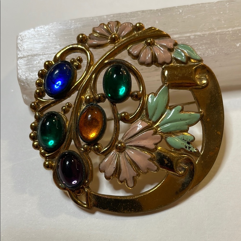 Antique Art Nouveau Stamped Brass Enamel Oval Multicolor Cabochon Brooch Pin